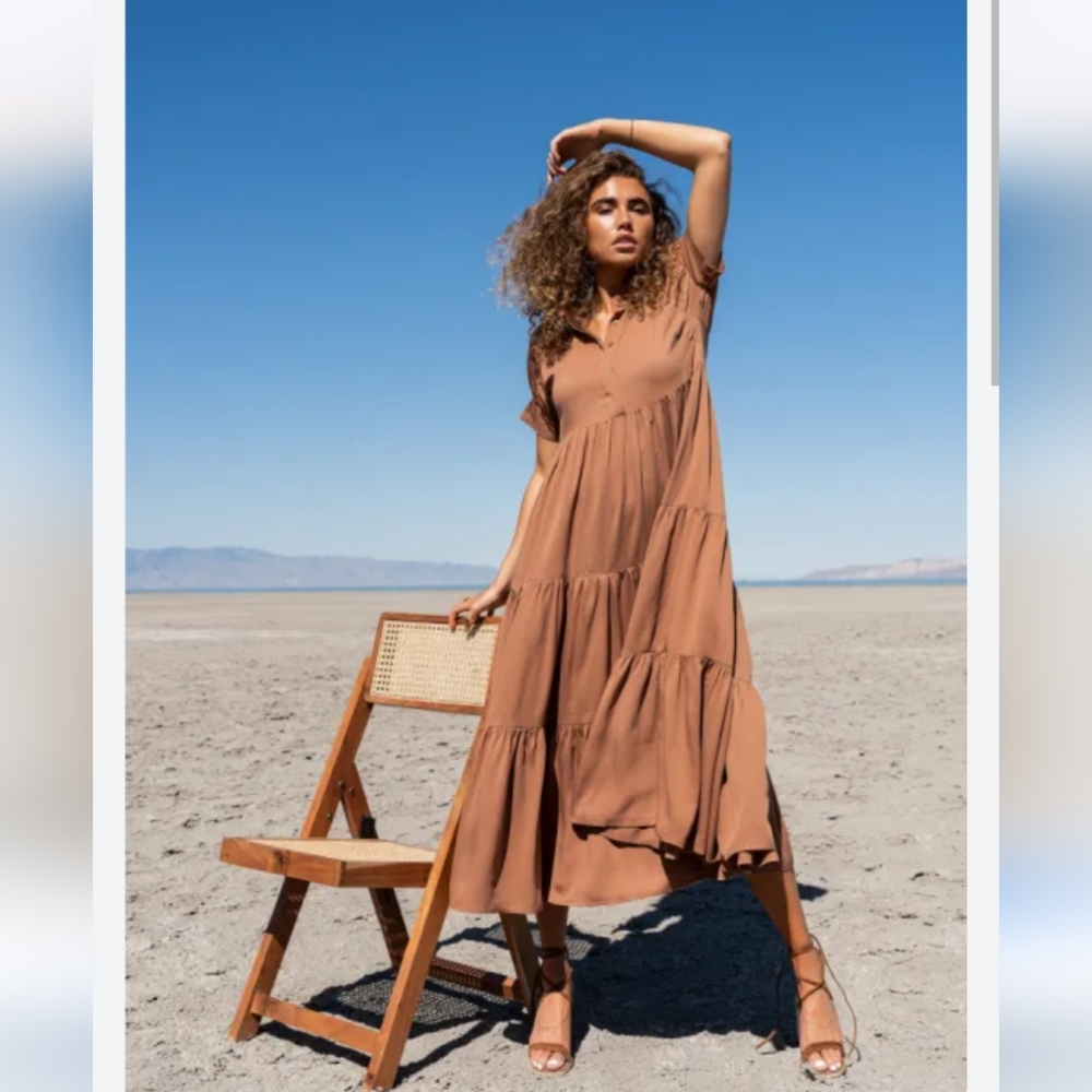 Bohme Amanda Tiered Dress in Camel Brown Elegant Midi Maxi Dress Size XL